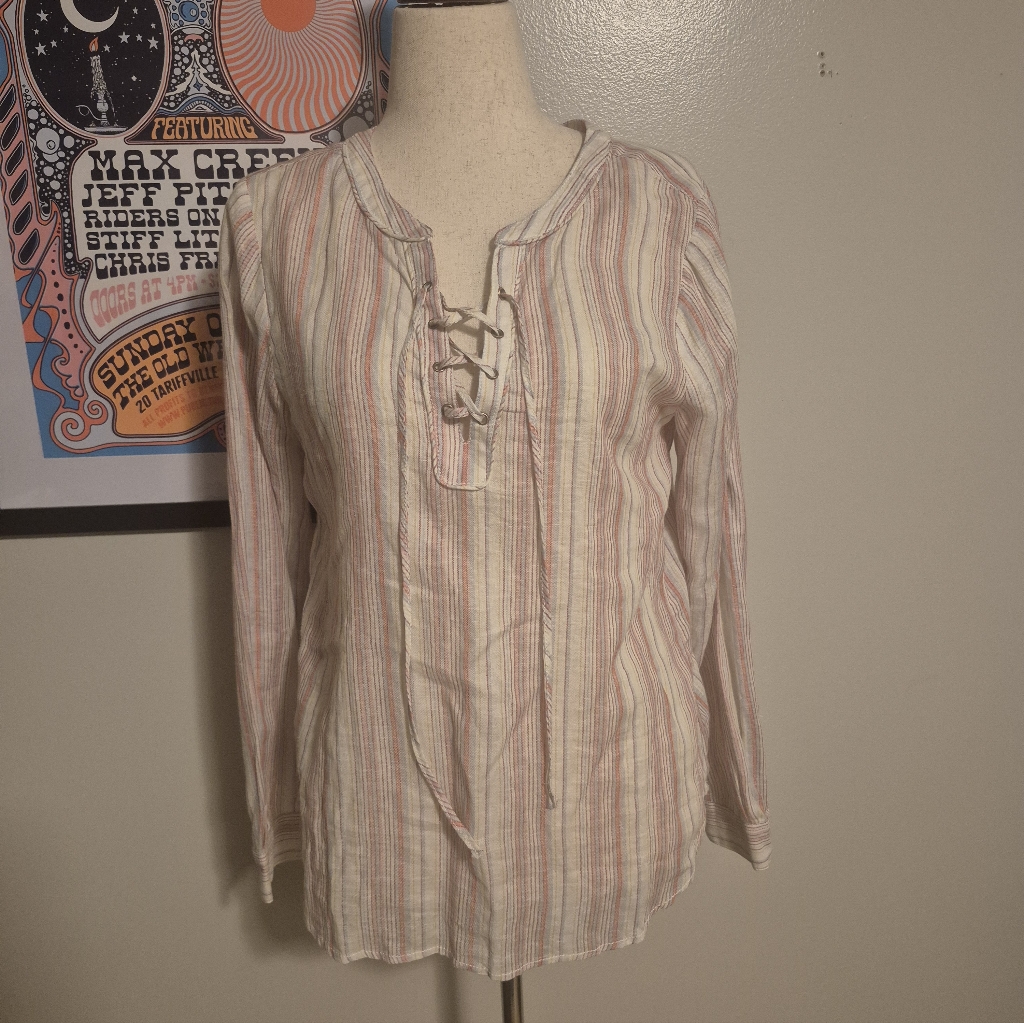 Sanctuary Pastel Desert Striped Linen Lace-Up Blouse Medium